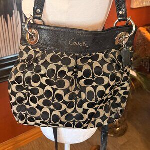 Coach Signature Canvas Crossbody Shoulder Bag Black Leather Trim